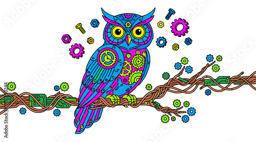 Mechanical Owl with Clockwork Gears and Circuit Board Branch Pop Surrealism Flat Illustration with Bold Outlines