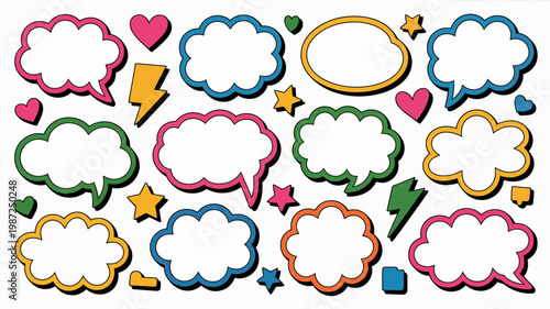 A vibrant collection of colorful speech bubbles hearts stars and lightning bolts are scattered across a plain white background high quality professional detailed modern elegant stylish