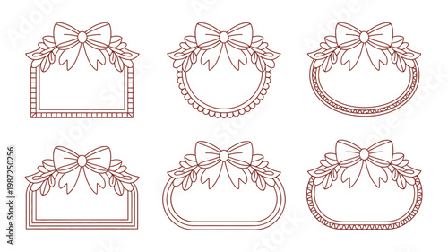 A collection of six decorative hand drawn style frames and labels adorned with bows and floral elements in a reddish brown hue high quality professional detailed