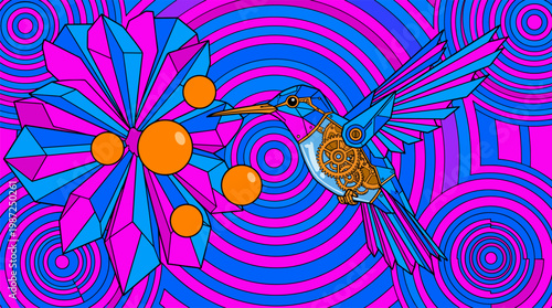 Mechanical Hummingbird with Clockwork Gears and Geometric Flower Pop Surrealism Flat Illustration with Bold Outlines