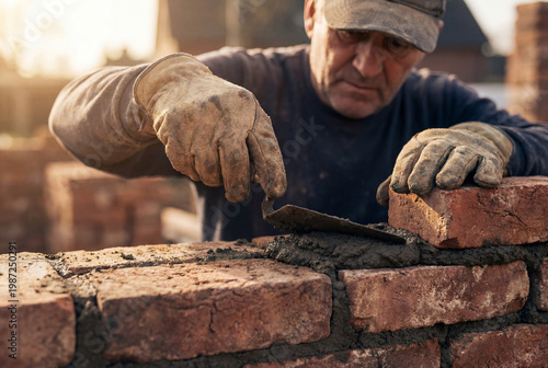 Building Confidence: A skilled bricklayer meticulously applies mortar, shaping a strong wall that stands as a testament to hard work and precise craftsmanship.