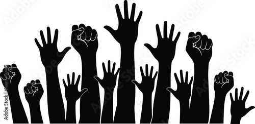 Raised hands and fists silhouette vector illustration, protest crowd unity concept, voting support teamwork gesture design for social awareness projects