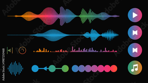 A vibrant digital illustration showcases various sound wave visualizations and music control icons against a dark background high quality professional detailed modern elegant stylish clean crisp