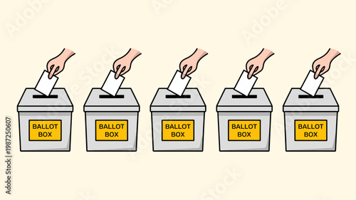 Five hands are depicted dropping paper ballots into individual grey ballot boxes each clearly labeled with ballot box in yellow high quality professional detailed modern elegant
