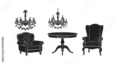 Classic furniture silhouettes set featuring luxury chandeliers with round dining table and vintage wingback armchairs.