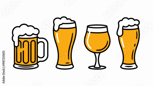 A colorful illustration depicts four different glasses filled with foamy golden colored beer showcasing various drinking vessel shapes high quality professional detailed modern elegant stylish clean