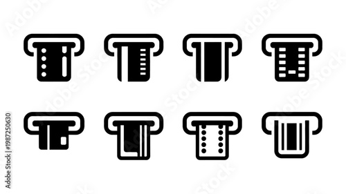 A collection of eight black and white atm icons depicting various card reader and cash dispenser configurations high quality professional detailed modern elegant stylish clean crisp