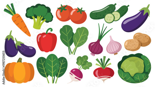 A colorful assortment of fresh vegetables is displayed including carrots broccoli tomatoes cucumbers eggplant and leafy greens high quality professional detailed modern elegant stylish clean crisp
