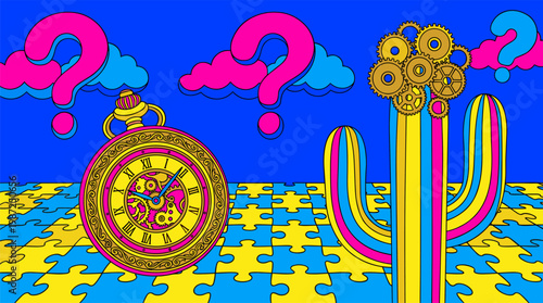 Vintage Pocket Watch in Puzzle Piece Desert Pop Surrealism Flat Illustration with Bold Outlines