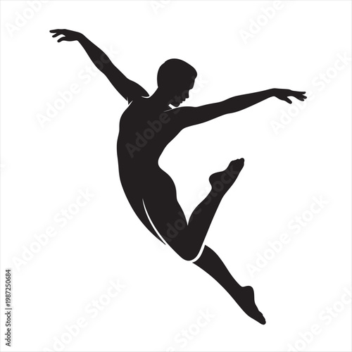Black silhouette vector illustration of a graceful ballerina and athletic man performing a jumping dance pose against a white background for fitness and sports action