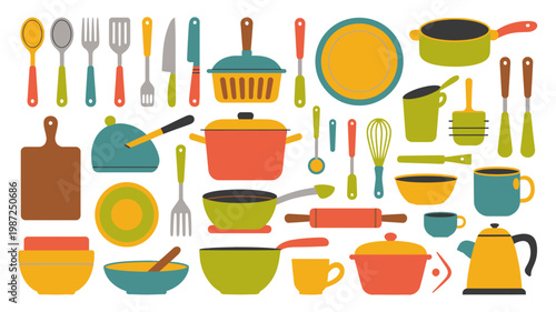 A colorful flat lay illustration showcasing various kitchen utensils and cookware arranged on a plain white background high quality professional detailed modern elegant stylish clean crisp