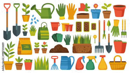 A colorful collection of gardening tools plants pots and supplies arranged in a flat lay style for horticultural activities high quality professional detailed modern elegant stylish