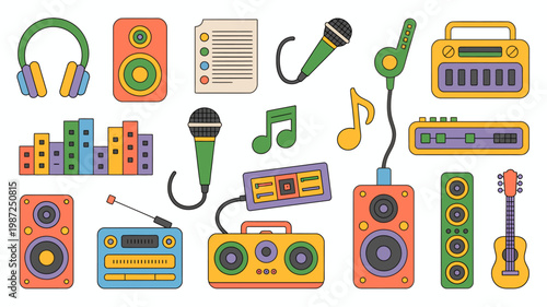 A vibrant collection of retro audio equipment and musical notes is displayed against a white background showcasing various listening devices high quality professional detailed modern elegant