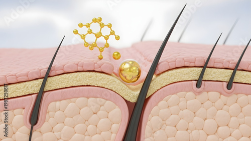 Dermatological 3D rendering of skin layers with an active gold molecule serum capsule penetrating and treating a hair follicle for cosmetic health