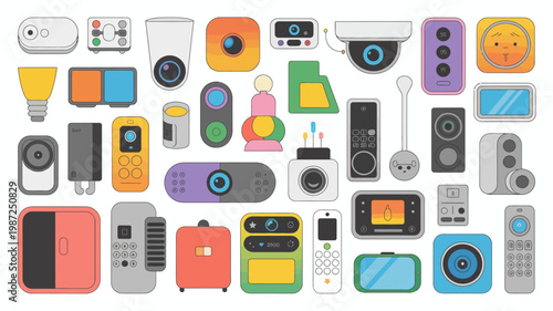 A colorful collection of various electronic devices is displayed including cameras speakers remotes and smart home appliances high quality professional detailed modern elegant stylish clean crisp