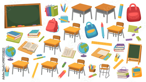 A colorful collection of school supplies and furniture is displayed including desks chairs books a globe and backpacks high quality professional detailed modern elegant stylish clean