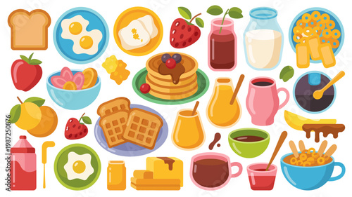 A colorful flat lay illustration showcases a variety of breakfast foods including pancakes eggs fruit cereal and beverages arranged artfully high quality professional detailed modern elegant