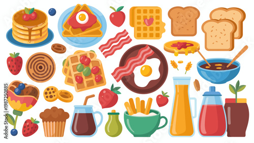 A colorful flat lay illustration displays a variety of breakfast foods including pancakes waffles eggs toast and fresh fruit high quality professional detailed modern elegant stylish