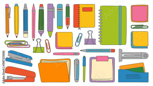 A colorful arrangement of various school and office supplies is displayed including pens pencils notebooks and stationery items high quality professional detailed modern elegant stylish clean