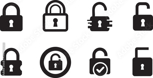Collection of eight black lock icons representing security privacy and access control in a minimalist style