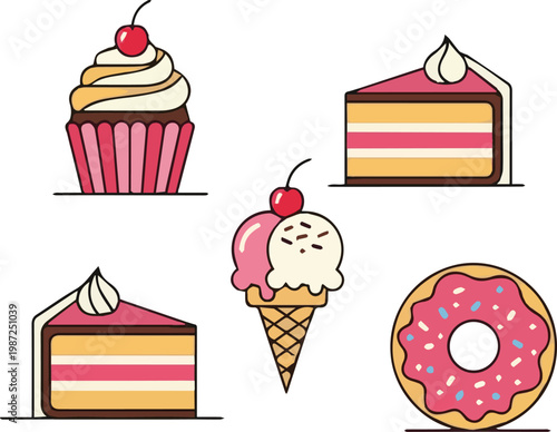 A colorful illustration of various sweet desserts including a cupcake ice cream cake slices and donut on a white background with Untitled-21.eps concept.
