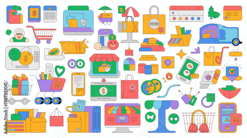 A colorful collection of icons representing various aspects of shopping e commerce and online retail is displayed in a playful arrangement high quality professional detailed modern