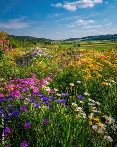 Vibrant Wildflower Meadow - Purple, Yellow, White Blooms Under Sunny Blue Sky  Rolling Hills.