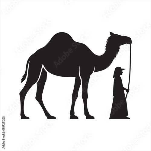 A wild dromedary camel wanders across a sandy desert dune and along a coastal beach in this nature travel illustration featuring the silhouetted mammal's hump against a Sahara landscape