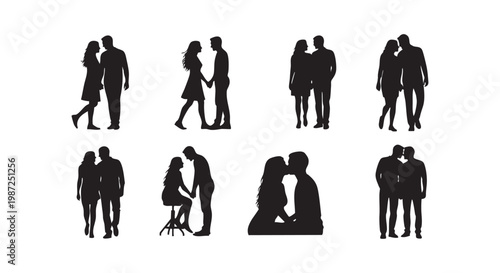 Collection of eight loving couples in various poses, showcasing romance, affection, and togetherness, vector silhouette illustrations.