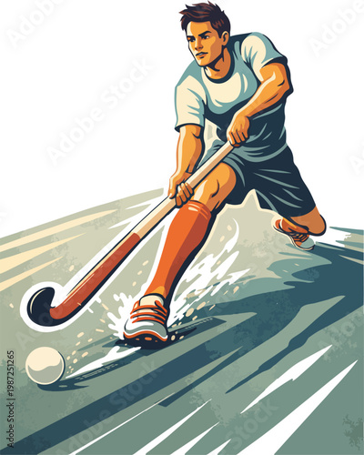 Field hockey player hitting ball with stick on field