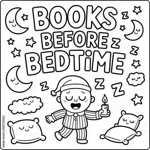 Books before bedtime hand drawn line art for kids to color, sleepy time routine activity.