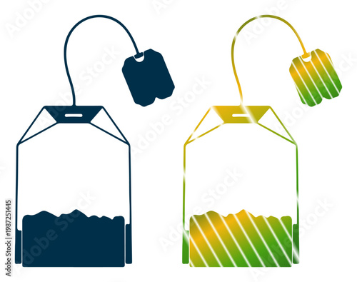 Two stylized tea bags with tags, one dark blue, one green and yellow gradient
