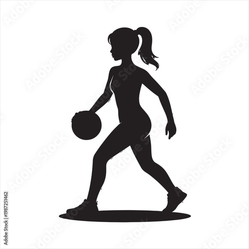 Silhouette illustration of a fitness athlete and soccer player running with a ball, featuring a black vector figure of a woman and child engaged in sport