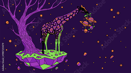 Cosmic Giraffe Nibbling Planet Fruit Tree Pop Surrealism Flat Illustration with Bold Outlines