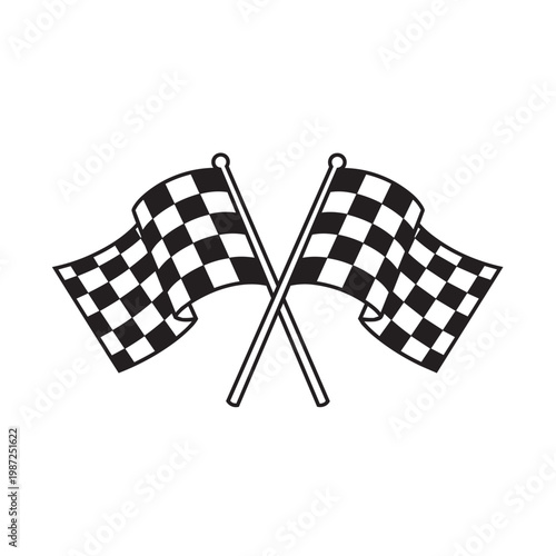 A pair of black and white checkered flags are crossed symbolizing victory and racing events