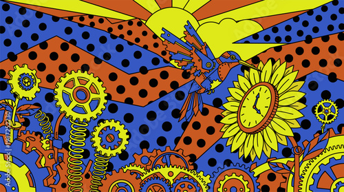 Mechanical Garden with Gear Flowers and Robot Bird Pop Surrealism Flat Illustration with Bold Outlines