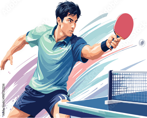 Male table tennis player hitting ball with paddle Keywords: table tennis, ping pong, player, man