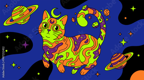 Wide Eyed Cosmic Cat with Galaxy Patterns Floating Among Planets and Stars Pop Surrealism Flat Illustration with Bold Outlines