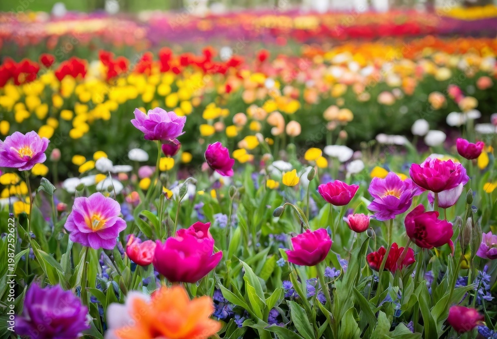 Fototapeta premium Vibrant Spring Garden with Blooming Flowers and Flowerbeds