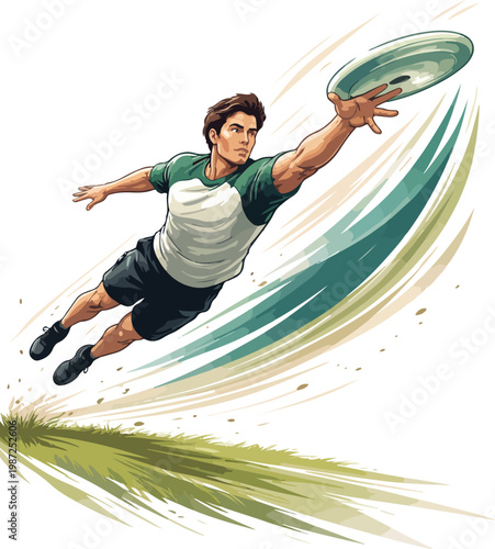 Man leaping to catch a frisbee in mid-air jumping catching