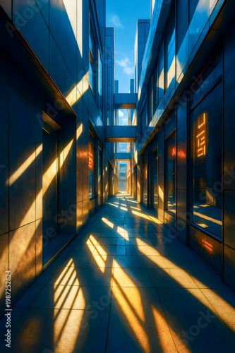 Urban modern alley with morning sunlight creating patterns