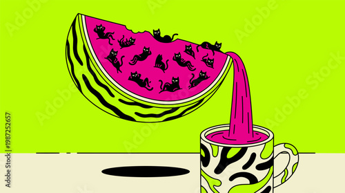 Floating Watermelon Island With Tiny Black Cat Seeds Pop Surrealism Flat Illustration With Bold Outlines