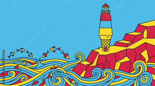 Whimsical Ice Cream Cone Lighthouse And Geometric Sea Pop Surrealism Flat Illustration With Bold Outlines
