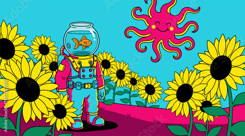 Deep Sea Diver with Goldfish Helmet in Sunflower Field Pop Surrealism Flat Illustration with Bold Outlines