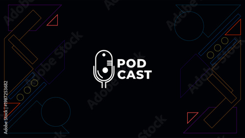 Abstract Podcast Dark Background With Geometric Lines Shapes Orange Purple Blue Flat Colorful Simple Modern Design Vector. Good For Cover Design, Banner Design, Web Design, Social Media Template