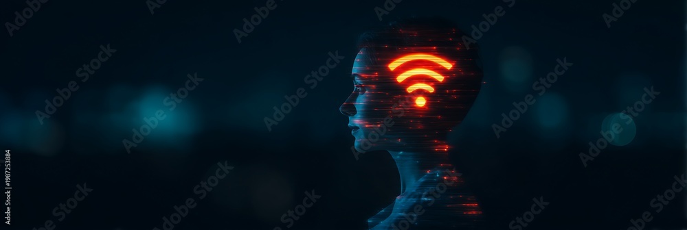 Obraz premium A digital human profile with glowing red Wi-Fi symbol inside the head, representing connectivity, technology, and artificial intelligence in a futuristic setting.