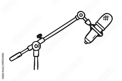 Studio microphone on adjustable boom arm ready for podcast or voiceover recording, professional condenser mic with shock mount and cable, broadcast setup vibe, audio production and content creation