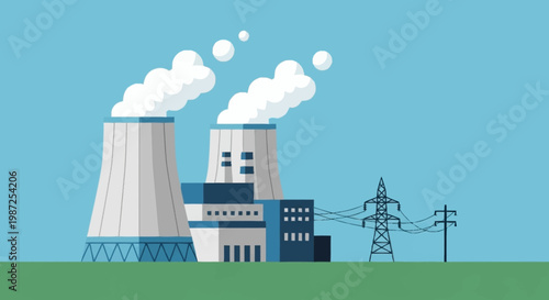 Nuclear Power Plant Illustration with Cooling Towers and Power Lines.