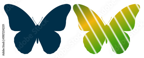 Two stylized butterflies, one solid dark blue, the other with a gradient of green and yellow stripes.