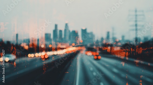 A blurred cityscape with bright lights and a busy highway at dusk, creating an abstract urban atmosphere.